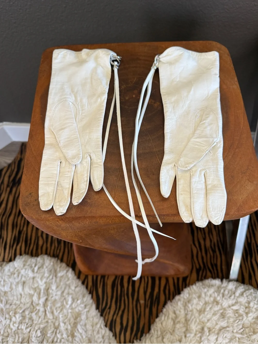 White Leather Gauntlet Gloves Silver piercings  & Leather Tassels Avant-Garde